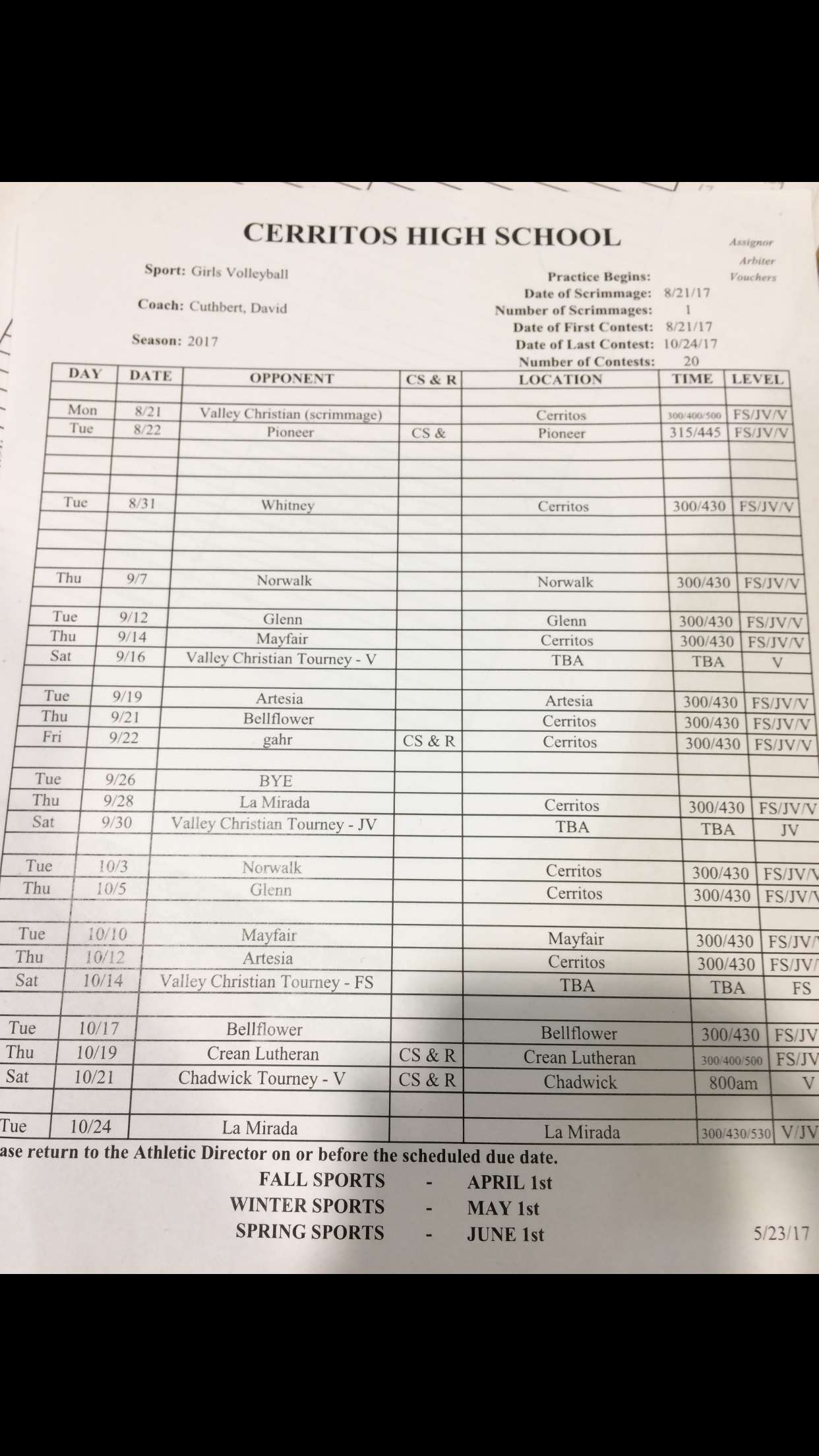 season Schedule